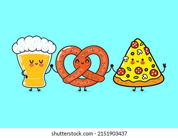 Cute, funny happy glass of beer, pizza and pretzel. Vector hand drawn cartoon kawaii characters, illustration icon. Happy cartoon glass of beer, pizza and pretzel mascot friends concept