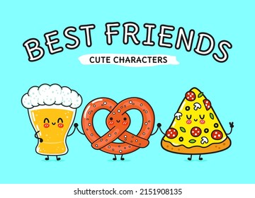 Cute, funny happy glass of beer, pizza and pretzel. Vector hand drawn cartoon kawaii characters, illustration icon. Happy cartoon glass of beer, pizza and pretzel mascot friends concept