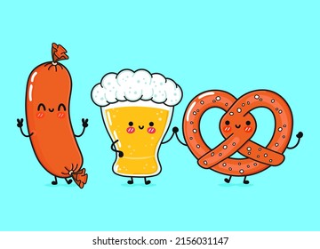 Cute, funny happy glass of beer, sausage and pretzel. Vector hand drawn cartoon kawaii characters, illustration icon. Funny cartoon glass of beer, sausage and pretzel mascot friends concept