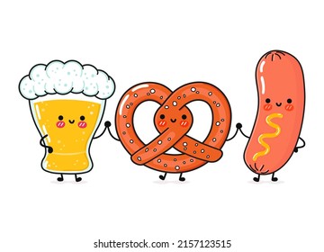 Cute, funny happy glass of beer, pretzel and sausage with mustard. Vector hand drawn cartoon kawaii character, illustration. Funny cartoon glass of beer, pretzel and sausage mustard mascot friends