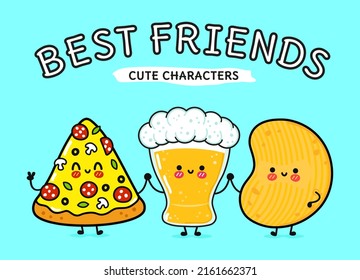 Un dulce y gracioso vaso de cerveza, pizza y papas fritas. Caricatura de kawaii dibujada a mano vectora, icono de ilustración. Gracioso y feliz copa de caricatura de cerveza, pizza y patatas fritas concepto de amigos mascotas