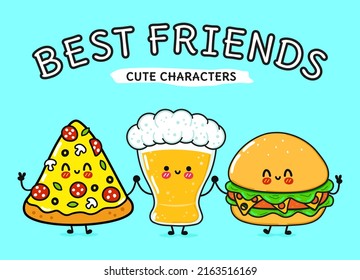 Cute, funny happy glass of beer, pizza and hamburger. Vector hand drawn cartoon kawaii characters, illustration icon. Funny happy cartoon glass of beer, pizza and hamburger mascot friends concept