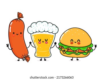 Cute, funny happy glass of beer hamburger sausage. Vector hand drawn cartoon kawaii characters illustration icon. Funny happy cartoon glass beer hamburger sausage friends concept