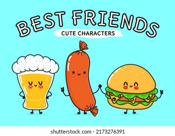 Cute, funny happy glass of beer hamburger sausage. Vector hand drawn cartoon kawaii characters illustration icon. Funny happy cartoon glass beer hamburger sausage friends concept