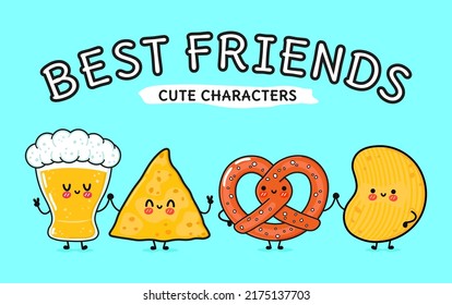 Cute, funny happy glass of beer, nachos, chips, pretzel. Vector hand drawn cartoon kawaii characters, illustration icon. Funny cartoon glass of beer nachos chips pretzel mascot friends concept