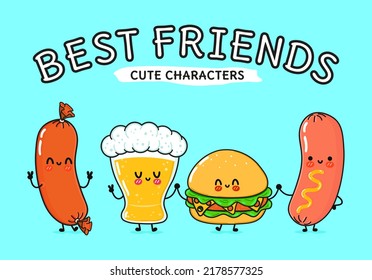 Cute, funny happy glass of beer, sausage and hamburger. Funny happy cartoon glass of beer, sausage with mustard and hamburger mascot friends concept