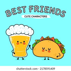 Cute, funny happy glass of beer and taco. Vector hand drawn cartoon kawaii characters, illustration icon. Funny cartoon glass of beer and taco mascot friends concept