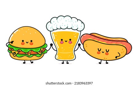 Un dulce y gracioso vaso de cerveza, perrito caliente y hamburguesa. Caricatura de kawaii dibujada a mano vectora, icono de ilustración. Gracioso y feliz copa de caricatura de cerveza hot dog y hamburguesa mascota concepto de amigos