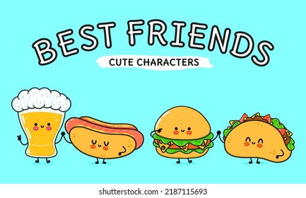 Cute, funny happy glass of beer, hot dog and hamburger. Vector hand drawn cartoon kawaii characters, illustration icon. Funny happy cartoon glass of beer, hot dog, hamburger, taco mascot friends 