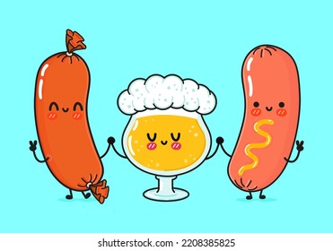 Cute, funny happy glass of beer, sausage and sausage with mustard. Vector hand drawn cartoon kawaii characters, illustration icon. Funny cartoon glass of beer, sausage and sausage with mustard