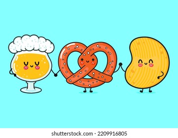Cute, funny happy glass of beer, pretzel and сrisps. Vector hand drawn cartoon kawaii characters, illustration icon. Funny cartoon glass of beer, pretzel and chips mascot friends concept