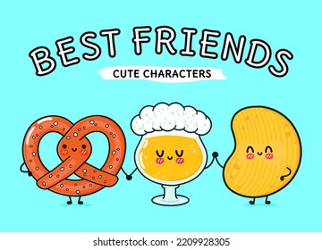 Cute, funny happy glass of beer, pretzel and chips. Vector hand drawn cartoon kawaii characters, illustration icon. Funny cartoon glass of beer, pretzel and chips mascot friends concept