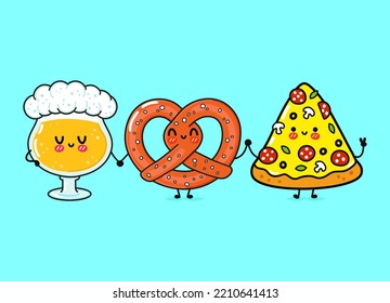 Cute, funny happy glass of beer, pizza and pretzel. Vector hand drawn cartoon kawaii characters, illustration icon. Happy cartoon glass of beer, pizza and pretzel mascot friends concept