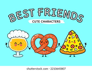 Cute, funny happy glass of beer, pizza and pretzel. Vector hand drawn cartoon kawaii characters, illustration icon. Happy cartoon glass of beer, pizza and pretzel mascot friends concept