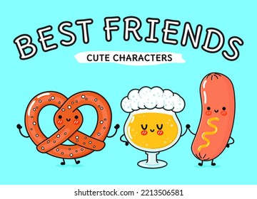 Cute, funny happy glass of beer, pretzel and sausage with mustard. Vector hand drawn cartoon kawaii characters, illustration. Funny cartoon glass of beer, pretzel and sausage mustard mascot friends