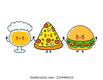 Cute, funny happy glass of beer, pizza and hamburger. Vector hand drawn cartoon kawaii characters, illustration icon. Funny happy cartoon glass of beer, pizza and hamburger mascot friends concept