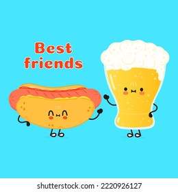 Cute, funny happy glass of beer and hot dog. Vector hand drawn cartoon kawaii characters, illustration icon. Funny happy cartoon glass of beer and hot dog mascot friends concept