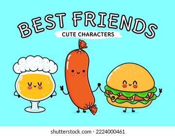 Cute, funny happy glass of beer, hamburger sausage. Vector hand drawn cartoon kawaii characters, illustration icon. Funny cartoon glass of beer, hamburger and sausage friends concept