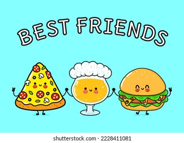 Cute, funny happy glass of beer, pizza and hamburger. Vector hand drawn cartoon kawaii characters, illustration icon. Funny happy cartoon glass of beer, pizza and hamburger mascot friends concept
