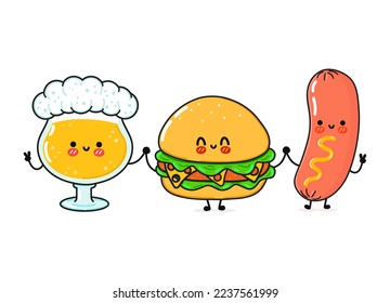 Cute, funny happy glass of beer, hamburger sausage with mustard. Vector hand drawn cartoon kawaii characters, illustration icon. Funny cartoon glass of beer, pizza and sausage mustard friends concept