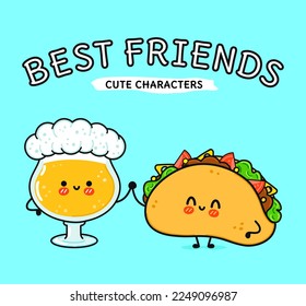 Cute, funny happy glass of beer and taco. Vector hand drawn cartoon kawaii characters, illustration icon. Funny happy cartoon glass of beer and taco mascot friends concept