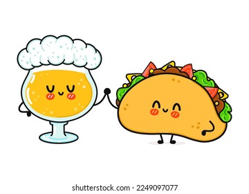 Cute, funny happy glass of beer and taco. Vector hand drawn cartoon kawaii characters, illustration icon. Funny happy cartoon glass of beer and taco mascot friends concept