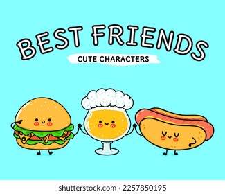 Cute, funny happy glass of beer, hot dog and hamburger . Vector hand drawn cartoon kawaii characters, illustration icon. Funny happy cartoon glass of beer hot dog and hamburger mascot friends concept