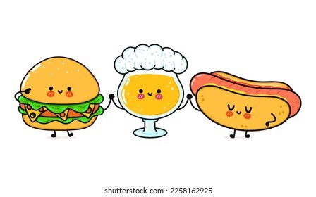 Cute, funny happy glass of beer, hot dog and hamburger . Vector hand drawn cartoon kawaii characters, illustration icon. Funny happy cartoon glass of beer hot dog and hamburger mascot friends concept