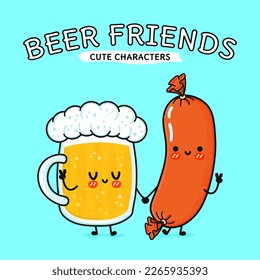 Cálido, divertido y feliz vaso de cerveza y salchicha. Caricatura de kawaii dibujada a mano vectora, icono de ilustración. Gracioso vaso de dibujos animados de la mascota de salchicha de cerveza concepto