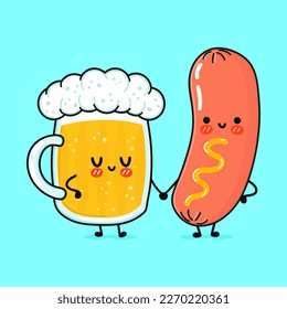 Cute, funny happy glass of beer and sausage mustard. Vector hand drawn cartoon kawaii characters, illustration icon. Funny cartoon glass of beer sausage mascot character concept