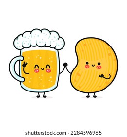 Cute, funny happy glass of beer and chips. Vector hand drawn cartoon kawaii characters, illustration icon. Funny cartoon glass of beer and chips mascot character concept
