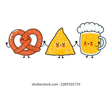 Cute, funny happy glass of beer, pretzel and nachos. Vector hand drawn cartoon kawaii characters, illustration icon. Funny cartoon glass of beer, pretzel and nachos mascot friends concept