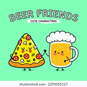 Cute, funny happy glass of beer and pizza. Vector hand drawn cartoon kawaii characters, illustration icon. Funny cartoon glass of beer and pizza mascot character concept