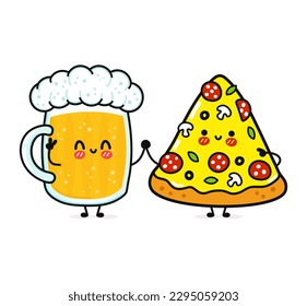 Una cerveza y una pizza deliciosas y alegres. Caricatura de kawaii dibujada a mano vectora, icono de ilustración. Gracioso vaso de dibujos animados del concepto de personaje de la mascota de la cerveza y la pizza