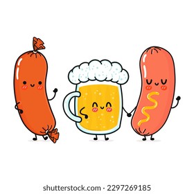 Cute, funny happy glass of beer, sausage and sausage with mustard. Vector hand drawn cartoon kawaii characters, illustration icon. Funny cartoon glass of beer, sausage and sausage with mustard friends