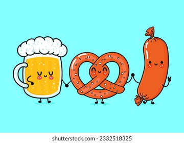 Cute, funny happy glass of beer, sausage and pretzel. Vector hand drawn cartoon kawaii characters, illustration icon. Happy cartoon glass of beer, sausage and pretzel mascot friends concept