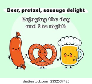 Cute, funny happy glass of beer, sausage and pretzel. Vector hand drawn cartoon kawaii characters, illustration icon. Happy cartoon glass of beer, sausage and pretzel mascot friends concept