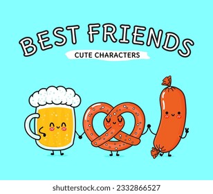 Cute, funny happy glass of beer, sausage and pretzel. Vector hand drawn cartoon kawaii characters, illustration icon. Happy cartoon glass of beer, sausage and pretzel mascot friends concept