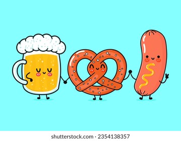 Cute, funny happy glass of beer, pretzel and sausage with mustard. Vector hand drawn cartoon kawaii characters, illustration. Funny cartoon glass of beer, pretzel and sausage mustard mascot friends