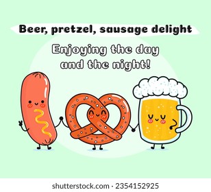 Cute, funny happy glass of beer, pretzel and sausage with mustard. Vector hand drawn cartoon kawaii character, illustration. Funny cartoon glass of beer, pretzel and sausage mustard mascot friends