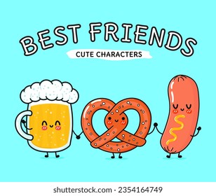 Cute, funny happy glass of beer, pretzel and sausage with mustard. Vector hand drawn cartoon kawaii character, illustration. Funny cartoon glass of beer, pretzel and sausage mustard mascot friends