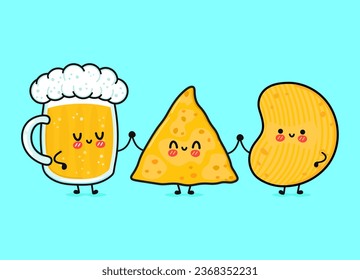 Cute, funny happy glass of beer, nachos and chips. Vector hand drawn cartoon kawaii characters, illustration icon. Funny cartoon glass of beer, nachos and chips mascot friends concept