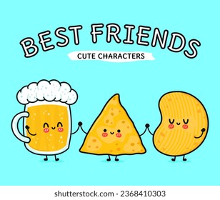 Cute, funny happy glass of beer, nachos and chips. Vector hand drawn cartoon kawaii characters, illustration icon. Funny cartoon glass of beer, nachos and chips mascot friends concept