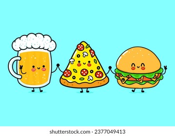 Cute, funny happy glass of beer, pizza and hamburger. Vector hand drawn cartoon kawaii characters, illustration icon. Funny cartoon glass of beer, pizza and hamburger mascot friends concept