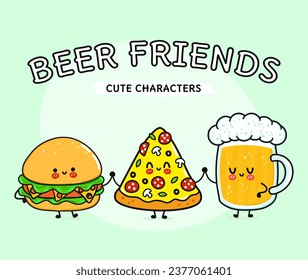 Cute, funny happy glass of beer, pizza and hamburger. Vector hand drawn cartoon kawaii characters, illustration icon. Funny cartoon glass of beer, pizza and hamburger mascot friends concept