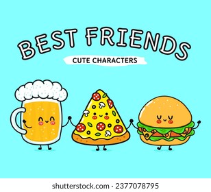 Cute, funny happy glass of beer, pizza and hamburger. Vector hand drawn cartoon kawaii characters, illustration icon. Funny cartoon glass of beer, pizza and hamburger mascot friends concept