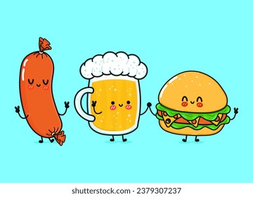 Cute, funny happy glass of beer, hamburger sausage. Vector hand drawn cartoon kawaii characters, illustration icon. Funny cartoon glass of beer, hamburger and sausage friends concept