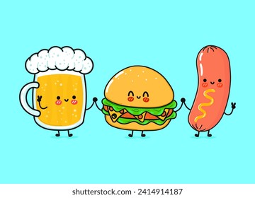 Cute, funny happy glass of beer hamburger sausage. Vector hand drawn cartoon kawaii characters illustration icon. Funny happy cartoon glass beer hamburger sausage friends concept