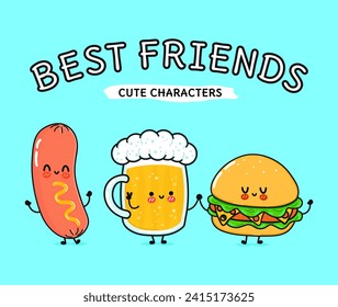 Cute, funny happy glass of beer hamburger sausage. Vector hand drawn cartoon kawaii characters illustration icon. Funny happy cartoon glass beer hamburger sausage friends concept