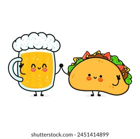 Cute, funny happy glass of beer and taco. Vector hand drawn cartoon kawaii characters, illustration icon. Funny happy cartoon glass of beer and taco mascot friends concept